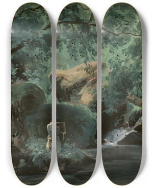 Triptych art skateboard deck of Andr Giroux Forest Interior With A Paintercivita Castellana by Andre Giroux (1801-1879)