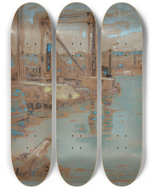 Triptych art skateboard deck of Childe Hassam North River Dock New York by Childe Hassam (1859-1935)