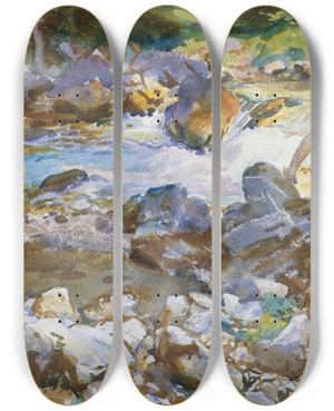 Triptych art skateboard deck of John Singer Sargent Mountain Stream by John Singer Sargent (1856-1925)