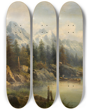 Triptych art skateboard deck of Karl Kaufmann Alpine Landscape by Karl Kaufmann (1843-1905)