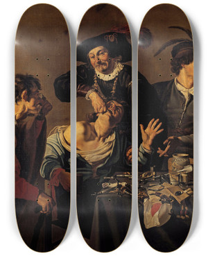 Triptych art skateboard deck of Theodoor Rombouts The Toothpuller by Theodoor Rombouts (1597-1637)