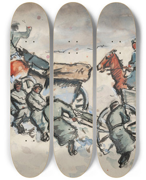 Triptych art skateboard deck of Ivan Ivanec Transport Dziaa Po Onieonym Wzgrzu by Ivan Ivanec (1893-1946)