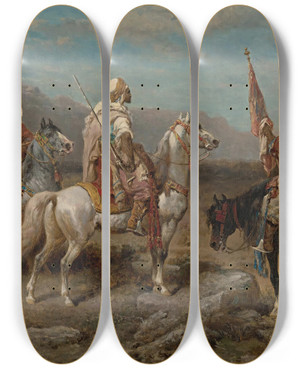 Triptych art skateboard deck of Adolf Schreyer The Raid by Adolf Schreyer (1828-1899)
