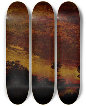 Triptych art skateboard deck of Ralph Albert Blakelock Afterglow by Ralph Albert Blakelock (1847-1919)