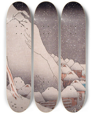 Triptych art skateboard deck of Utagawa Kuniyoshi Snow At Tsukahara Sado Island 1271 by Utagawa Kuniyoshi (1797-1861)