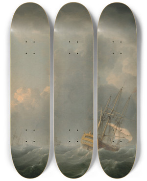 Triptych art skateboard deck of Charles Brooking English Ships Running Before A Gale by Charles Brooking (1723-1759)