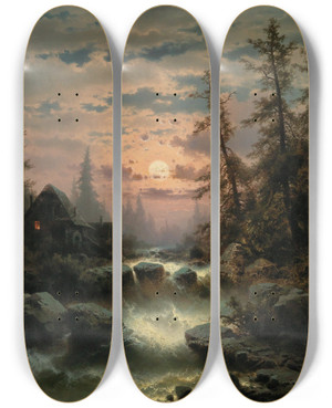 Triptych art skateboard deck of Albert Rieger Mountain Stream In The Moonlight by Albert Rieger (1934-1905)