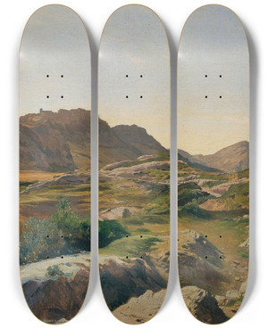 Triptych art skateboard deck of Carl Schuch Landschaft Im Sabinergebirge by Carl Schuch (1846-1903)