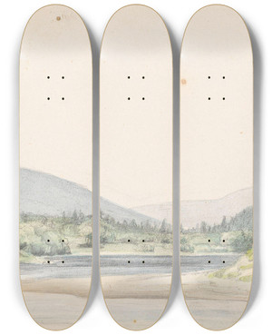 Triptych art skateboard deck of Adolph Tidemand Glomma Ved Mot by Adolph Tidemand (1814-1876)