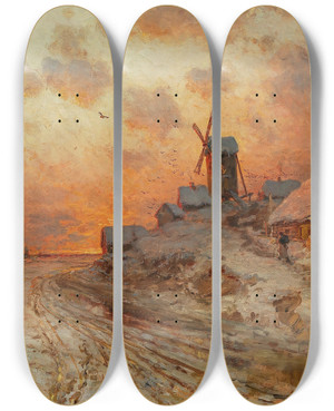 Triptych art skateboard deck of Julius Sergius Klever Homecoming At Sunset by Julius Sergius Klever (1850-1924)
