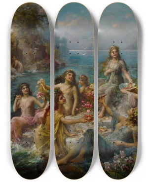Triptych art skateboard deck of Emanuel Oberhauser Neptune And The Water Nymphs by Emanuel Oberhauser (1854-1919)