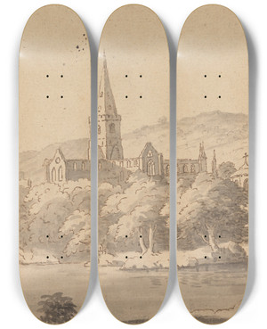 Triptych art skateboard deck of Captain John Bernard Gilpin Church In A Landscape by Captain John Bernard Gilpin (1701-1776)
