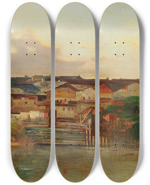 Triptych art skateboard deck of Adolf Obermllner Wehr Am Fluss by Adolf Obermullner (1833-1898)