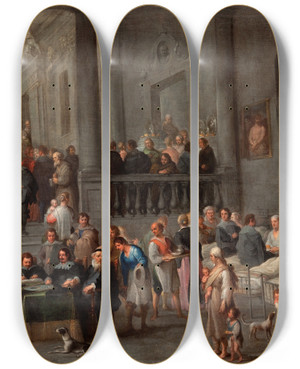 Triptych art skateboard deck of Cornelis De Wael To Visit The Sick by Cornelis De Wael (1592-1667)