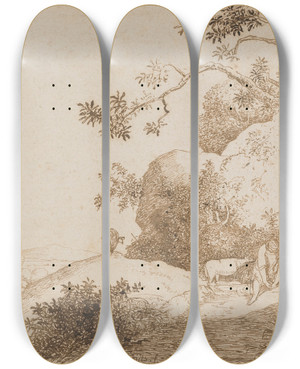Triptych art skateboard deck of Hendrik Cornelisz Vroom Mountain Landscape With A Distant View Behind by Hendrik Cornelisz Vroom (1562-1640)