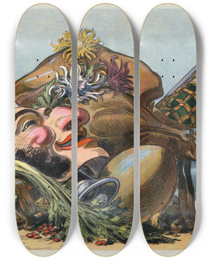 Triptych art skateboard deck of Udo Keppler Thanksgiving A Study In Proportion by Udo Keppler (1872-1956)