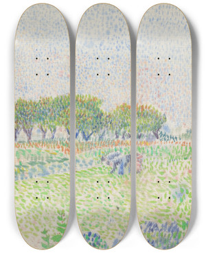 Triptych art skateboard deck of Louis Hayet Les Sarcleurs by Louis Hayet (1864-1940)