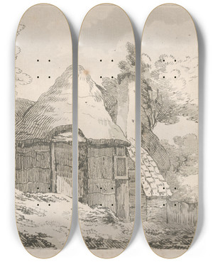 Triptych art skateboard deck of Thomas Rowlandson A Thatch Roof Farmhouse by Thomas Rowlandson (1756-1827)