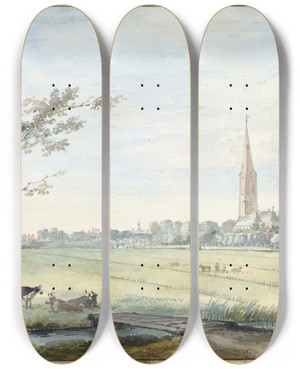 Triptych art skateboard deck of Aert Schouman Het Dorp Sgravezande by Aert Schouman (1710-1792)