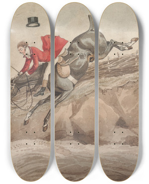 Triptych art skateboard deck of Henry Thomas Alken Doing The Thing And The Thing Done Doing The Down Leap by Henry Thomas Alken (1785-1851)