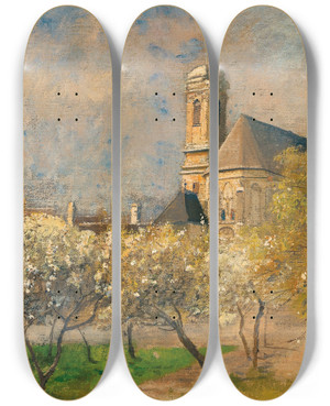 Triptych art skateboard deck of Marie Egner Blossoming Trees In Langenzersdorf by Marie Egner (1850-1940)