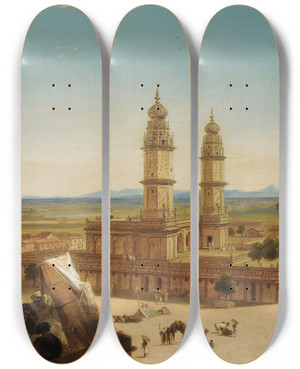 Triptych art skateboard deck of Alberto Pasini Oriental Landscape With Mosque by Alberto Pasini (1826-1899)