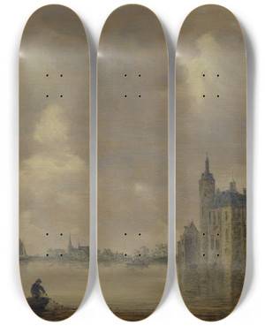 Triptych art skateboard deck of Jan Van Goyen A Castle By Ariver by Jan Van Goyen (1596-1656)