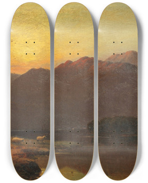 Triptych art skateboard deck of Alfred De Branski Summers Evening Llyn Gwynant North Wales by Alfred De Breanski (1852-1928)