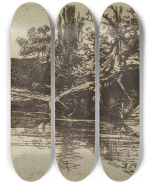 Triptych art skateboard deck of Francis Seymour Haden The Moat House by Francis Seymour Haden (1818-1910)