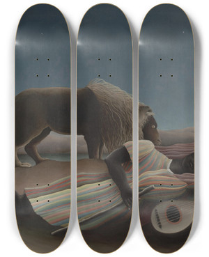 Triptych art skateboard deck of Henri Rousseau The Sleeping Gypsy by Henri Rousseau (1844-1910)