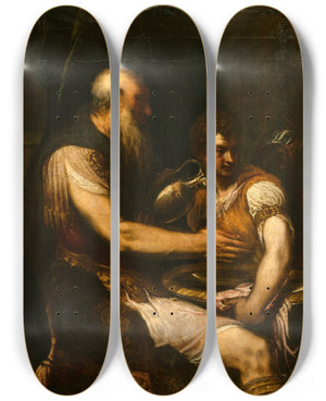 Triptych art skateboard deck of Andrea Schiavone Christ Before Pilate by Andrea Schiavone (1500-1563)