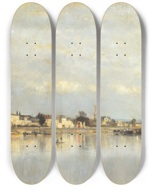 Triptych art skateboard deck of Stanislas Lpine Vue De Conflanssaintehonorine by Stanislas Lepine (1835-1892)
