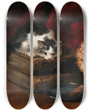 Triptych art skateboard deck of Arthuralfred Brunel De Neuville Perplexed Kittens by Arthur-Alfred Brunel de Neuville (1852-1941)