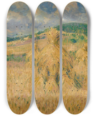Triptych art skateboard deck of Gustave Loiseau La Moisson Environs De Louviers Eure by Gustave Loiseau (1865-1935)