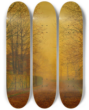 Triptych art skateboard deck of John Atkinson Grimshaw Evening Glow by John Atkinson Grimshaw (1836-1893)