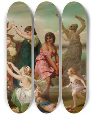 Triptych art skateboard deck of Henripierre Picou Clipping Cupids Wings by Henri-Pierre Picou (1824-1895)