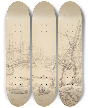 Triptych art skateboard deck of Thomas Rowlandson Shipyard Greenwich by Thomas Rowlandson (1756-1827)