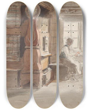 Triptych art skateboard deck of Adolph Tidemand Interir Med Figurer Leksand by Adolph Tidemand (1814-1876)