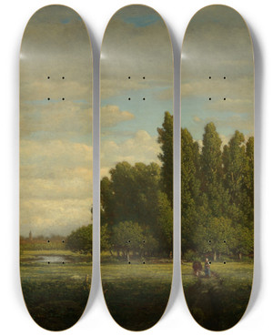 Triptych art skateboard deck of Thodore Rousseau A Meadow Bordered By Trees by Theodore Rousseau (1812-1867)