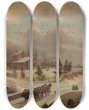 Triptych art skateboard deck of Thomas Birch Pennsylvania Winterscene by Thomas Birch (1779-1851)