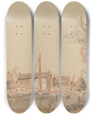 Triptych art skateboard deck of Johan Barthold Jongkind Bords De Canal by Johan Barthold Jongkind (1819-1891)