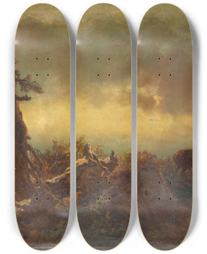 Triptych art skateboard deck of Anton Schrdl Hochebene Mit Hirsch by Anton Schrodl (1820-1906)