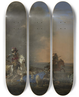 Triptych art skateboard deck of Jan Asselijn Cavalry Attack At Sunset by Jan Asselijn (1610-1652)