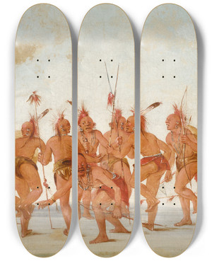 Triptych art skateboard deck of George Catlin Discovery Dance Sac And Fox by George Catlin (1796-1872)