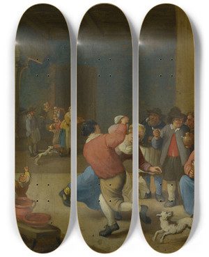 Triptych art skateboard deck of Mattheus Van Helmont A Tavern Interior With Drinking And Dancing Peasants by Mattheus Van Helmont (1623-1679)