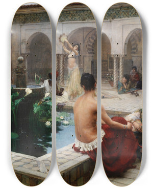 Triptych art skateboard deck of Ferdinand Max Bredt By The Fountain by Ferdinand Max Bredt (1860-1921)