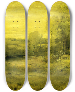 Triptych art skateboard deck of Alexander Helwig Wyant Spring by Alexander Helwig Wyant (1836-1892)