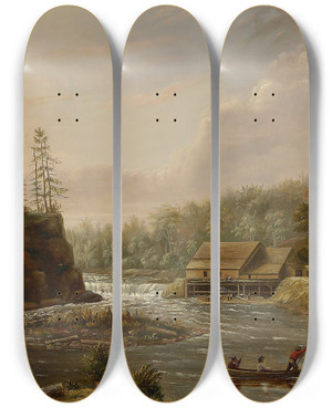 Triptych art skateboard deck of Henry Lewis Cheevers Mill On The St Croix River by Henry Lewis (1819-1904)