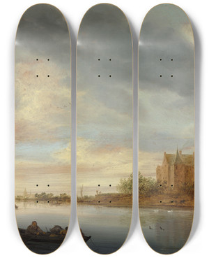 Triptych art skateboard deck of Jacob Salomonsz Van Ruysdael Castle On A River by Jacob Salomonsz Van Ruysdael (1630-1681)