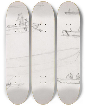Triptych art skateboard deck of Hans Gude Btstudier by Hans Gude (1825-1903)